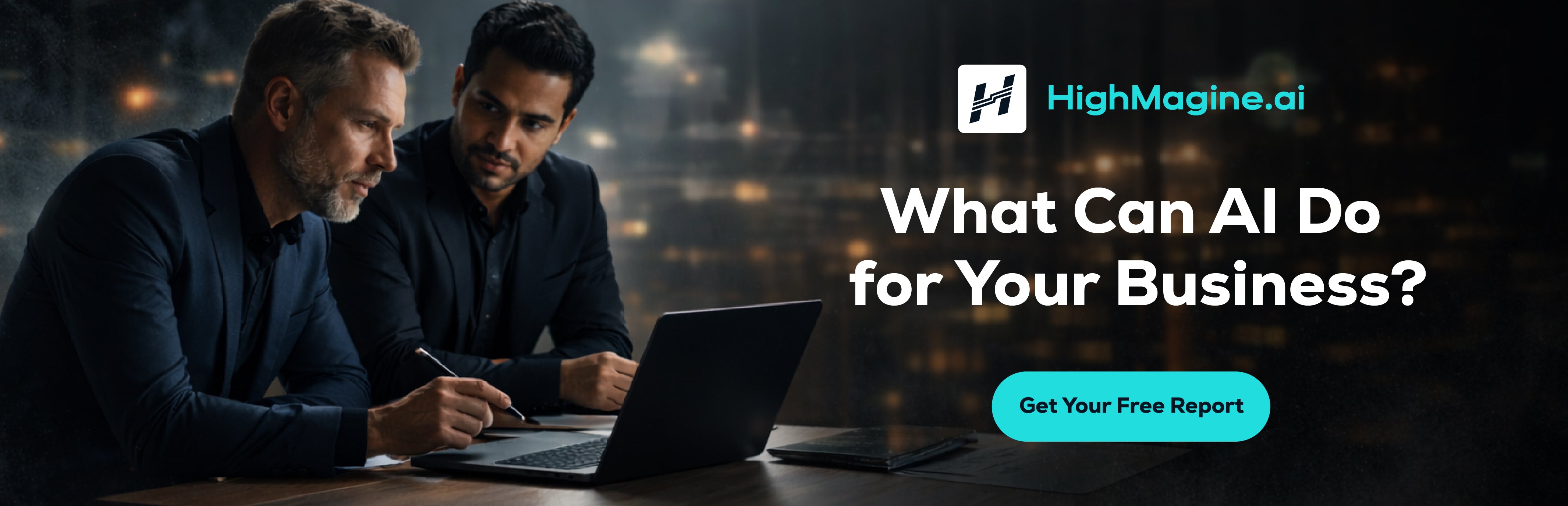 What can AI do for your business? HighMagine.ai banner featuring modern business tools and solutions for SMBs.