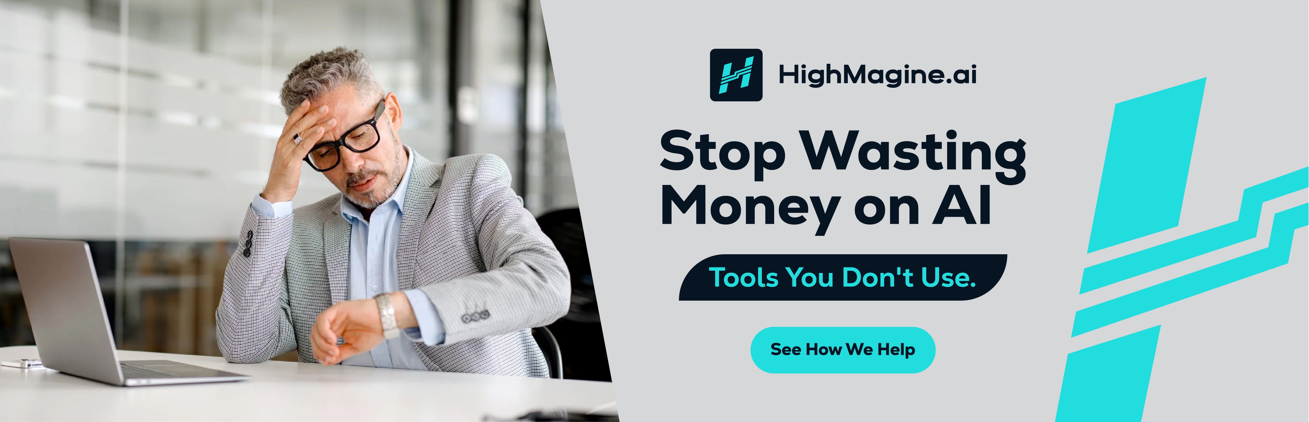 Frustrated business professional realizing wasted money on unused AI tools, with HighMagine.ai branding and call-to-action to see how we help.