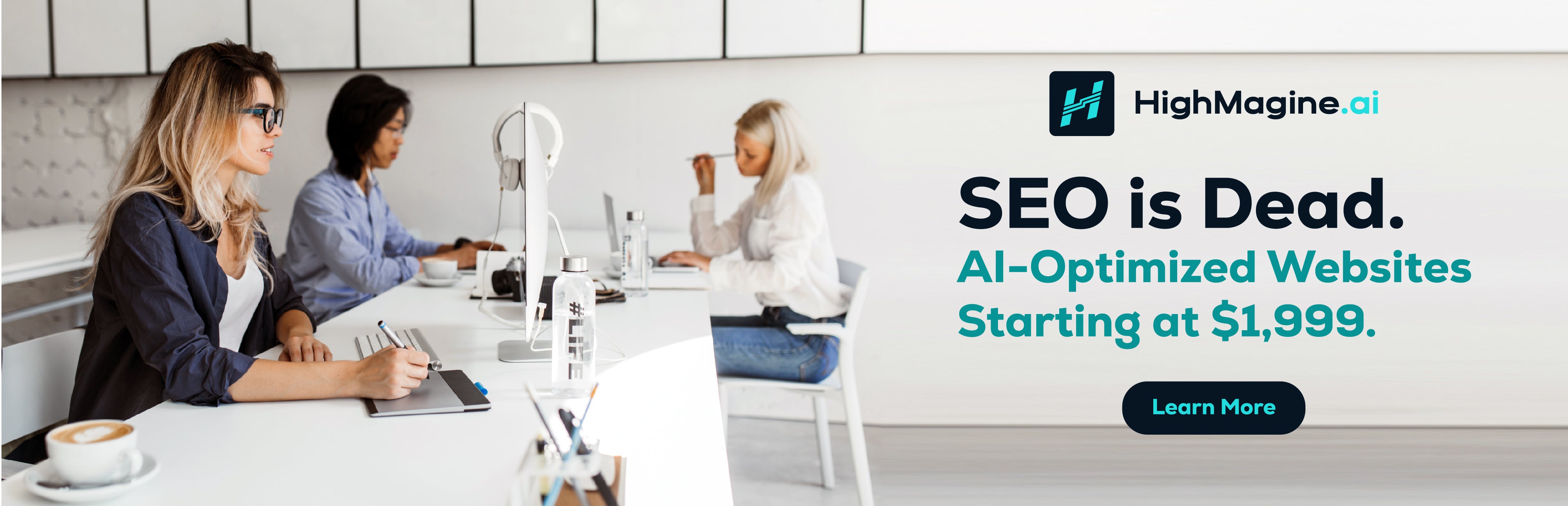 SEO is Dead. AI-Optimized Websites Starting at $1,999. HighMagine.ai promotional banner, team working in modern office.